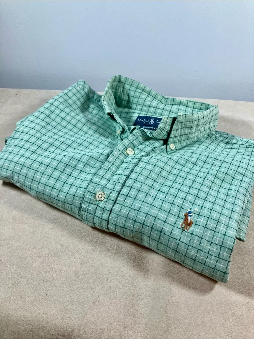 Polo Ralph Lauren Mens L Shirt Classic Fit Button Mint Green Plaid Flesh Pony